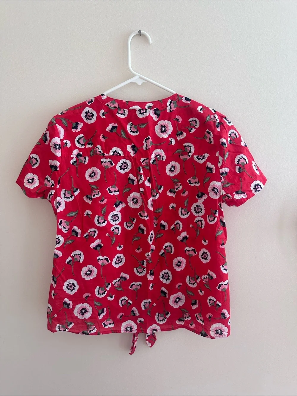 J. Crew Red Floral Tie-Hem Short Sleeve Blouse